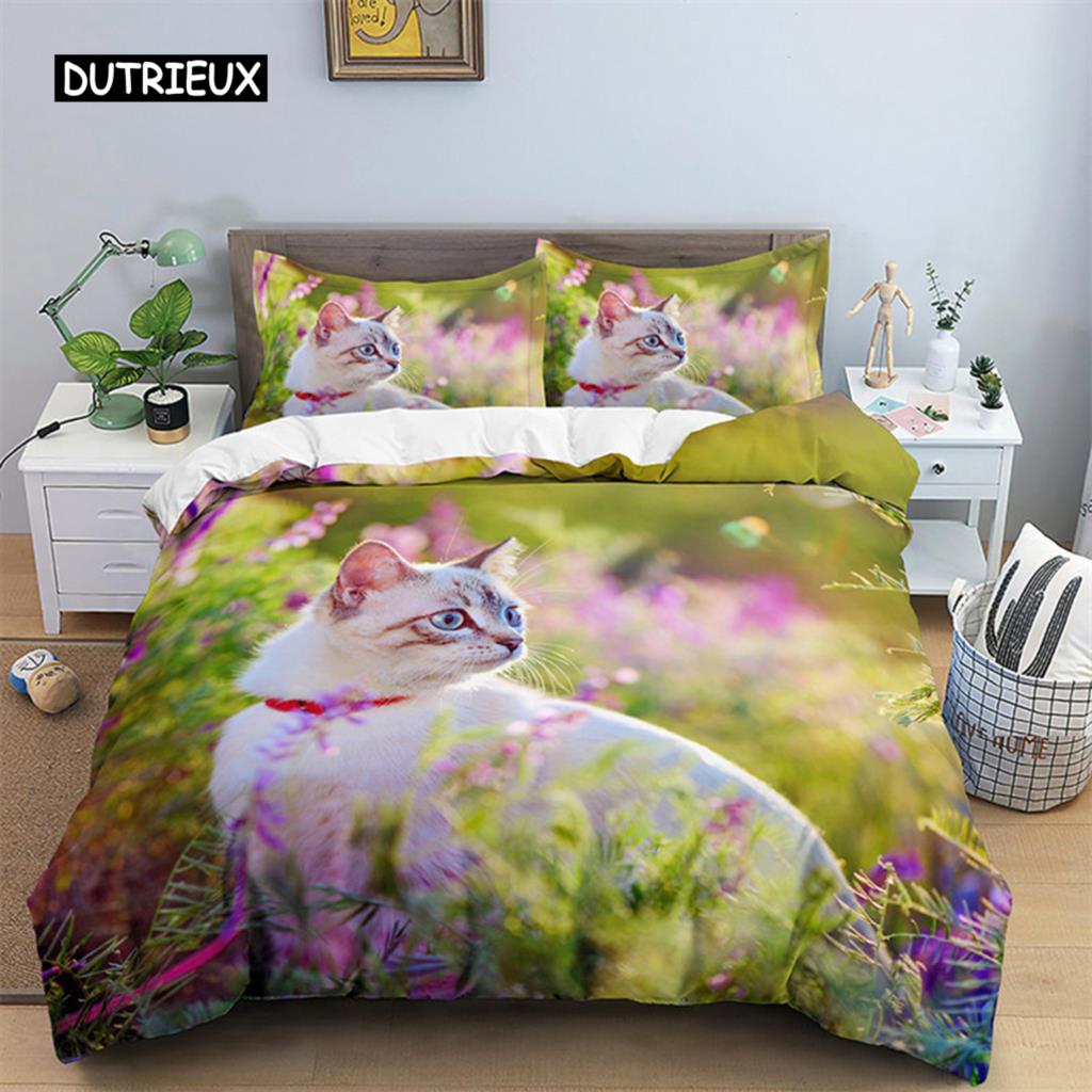 3D Cat Print Duvet Cover Floral Bedding Set Twin Full For Kids Girls Boys Room Decor Luxury Microfiber Funny Animal Quilt Cover