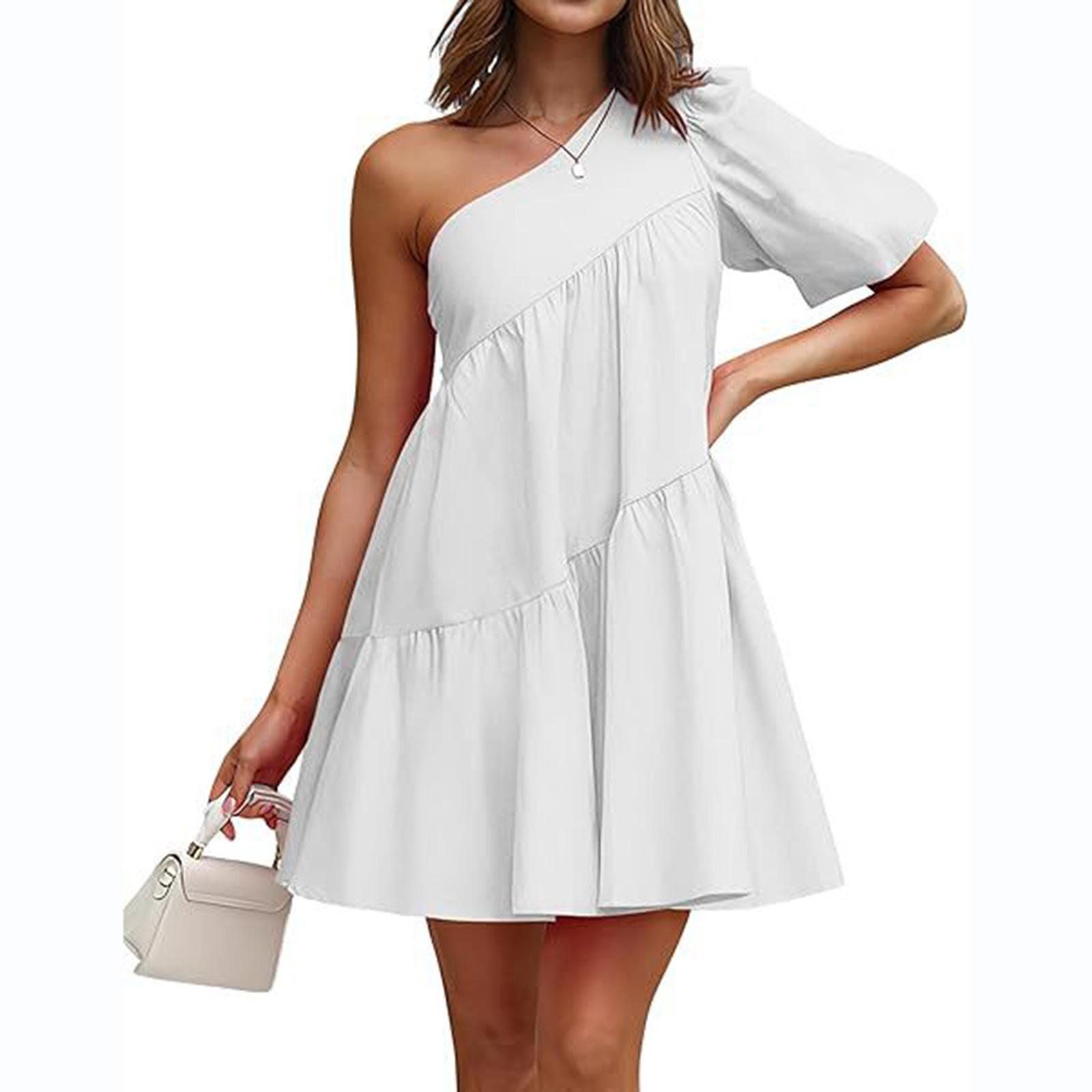 

Women’s One Shoulder Puff Sleeve Tiered Mini Dress Loose Fit A Line Summer Casual Ruffle Hem Short Dress Lightweight Fabric M білий