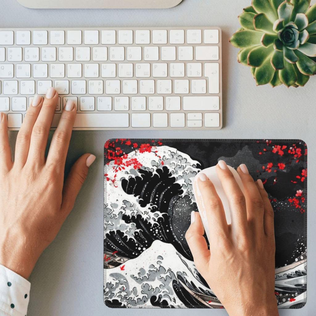 Mouse Pad Small Black Tsunami Ukiyoe Fuji Office Mouse Pad 240x200x3mm Rubber Sole Compatible with Optical Mouse Durable Stylish Cute Waterproof