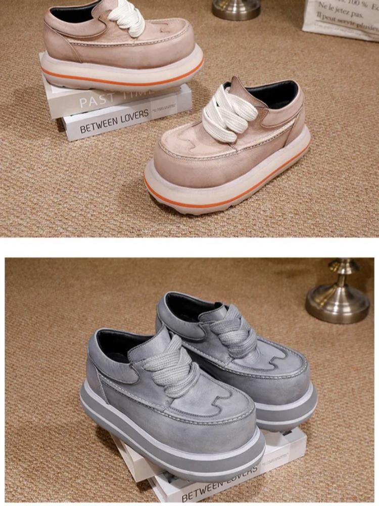 Johnature Genuine Leather Thick Soled Height Increasing Shoes Retro Lace Up Versatile High-heeled Pumps