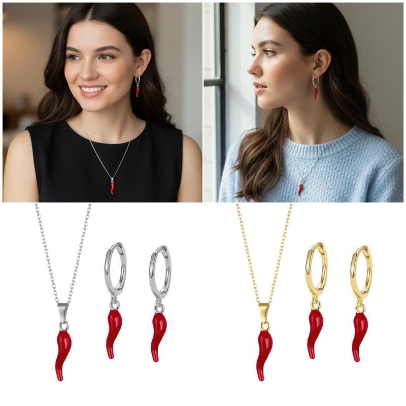 Creative Enamel Red Chilis Pendant Necklace With Matching Earrings Gold Plated Stainless Steel Jewelry Set For Women