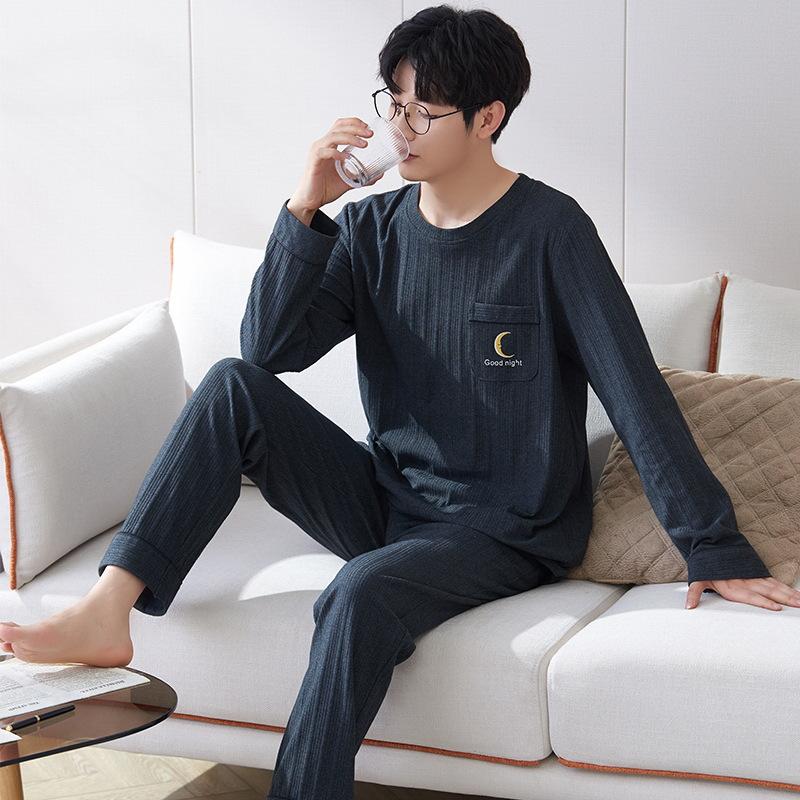 

Хлопок Осень Тонкий Мужской Пижамный Комплект Длинный Пижамный Топ Брюки Пижамный Костюм Мужской Домашний Костюм Домашняя Одежда Повседневная Пижама Asian L(50-62kg)