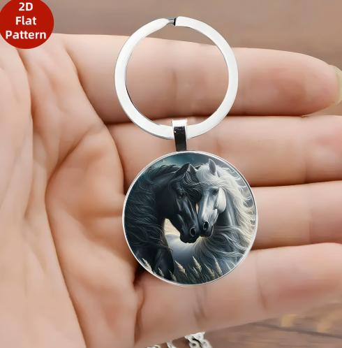 Round Pendant Keychain with a Running Horse Design