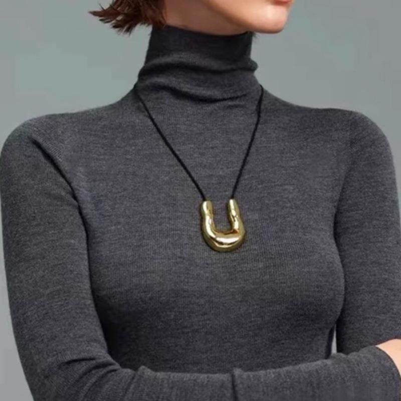 Metal Irregular Drip Glaze Pendant U-Shaped Long Black Leather Rope Sweater Chain Simple Wind Versatile Necklace