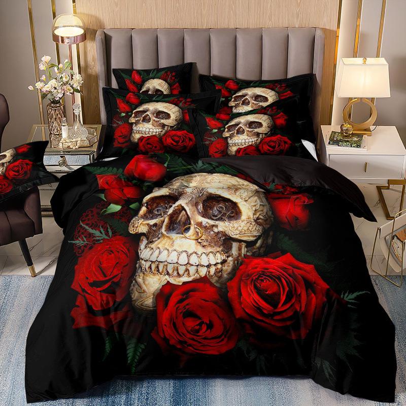 Set de trei piese 3D Textile de casă Lenjerie de pat Schelet Femeie frumoasă Imprimeu Husă de pilotă Cearșaf