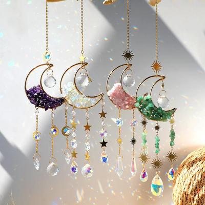 Crystal Moon Amethyst Rainbow Suncatcher Hanging Stone Sun Light Catcher Xmas Window Garden Ornaments Outdoor Decorations