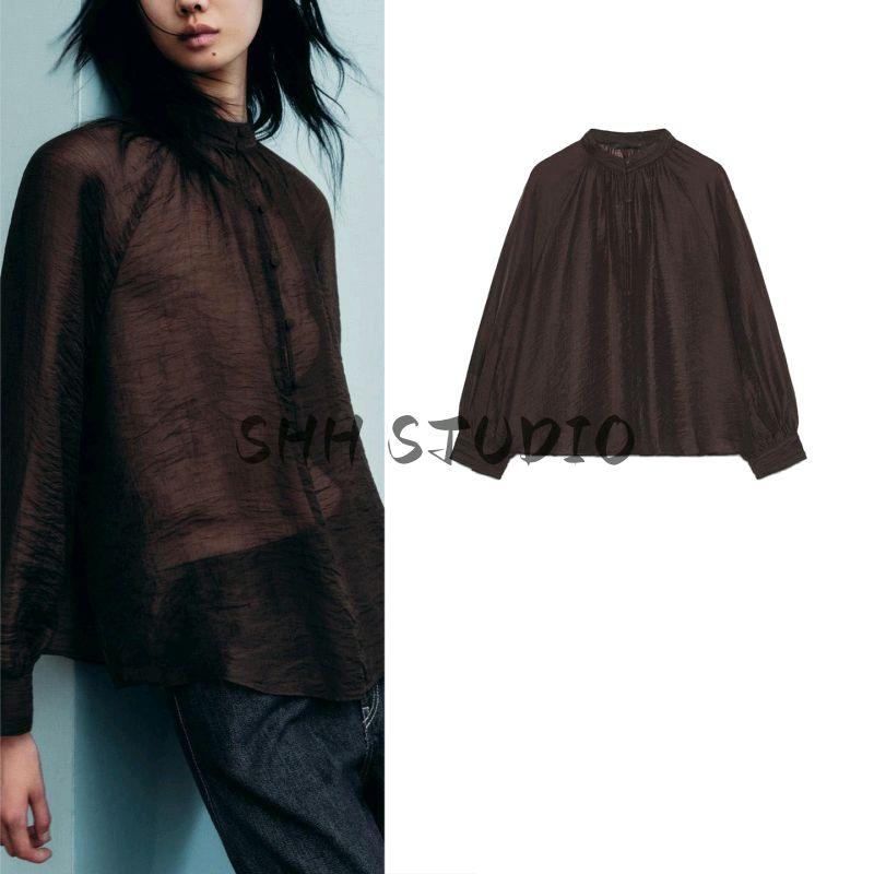 Autumn New Women's Clothing French Design Stand Collar Loose Long-Sleeved Bubble Sleeve Translucent Shirt 5029192