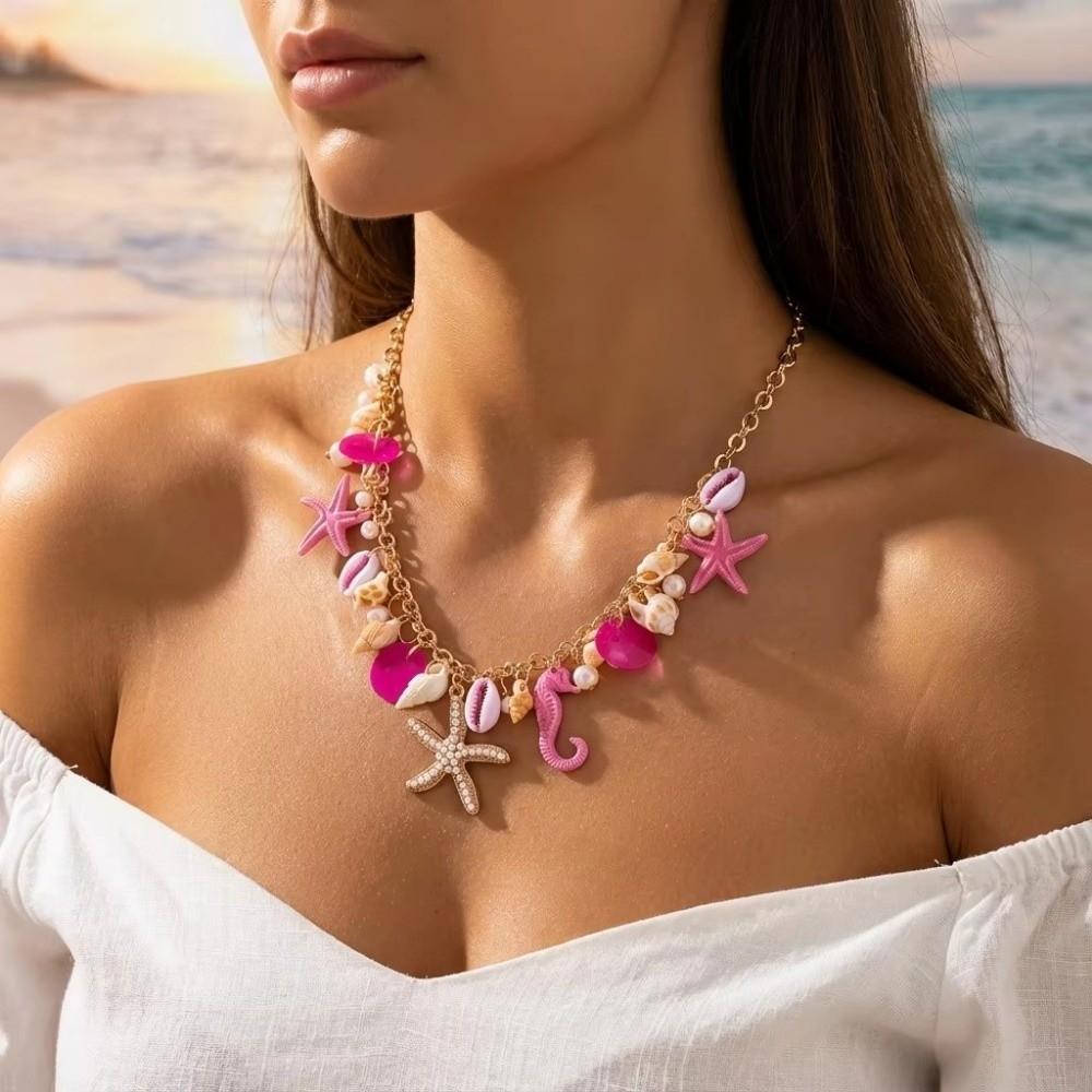 Gold Color Chain Ocean Theme Necklace Shell Women Necklace Seahorse Starfish Pendant Gift Party