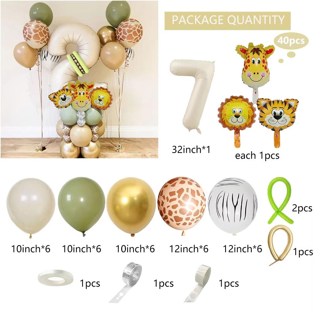 40 pieces new jungle retro animal balloons for kids birthday number 12345 party decoration set with digital columns Tiger Lion