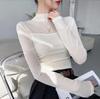 2024 Autumn Women's Retro Slim Fit Mesh Stitching Long-Sleeved Shirt with Half-High Collar