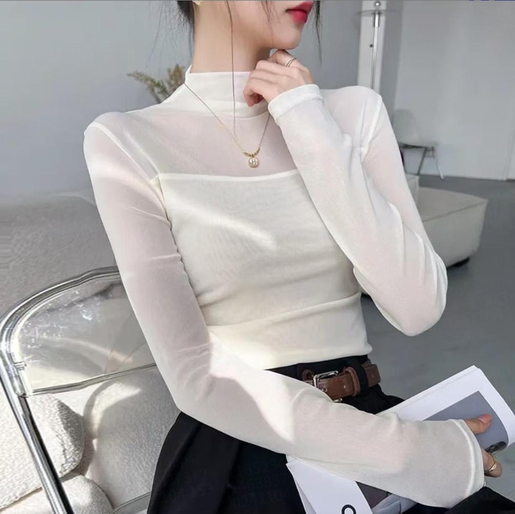 2024 Autumn Women's Retro Slim Fit Mesh Stitching Long-Sleeved Shirt with Half-High Collar