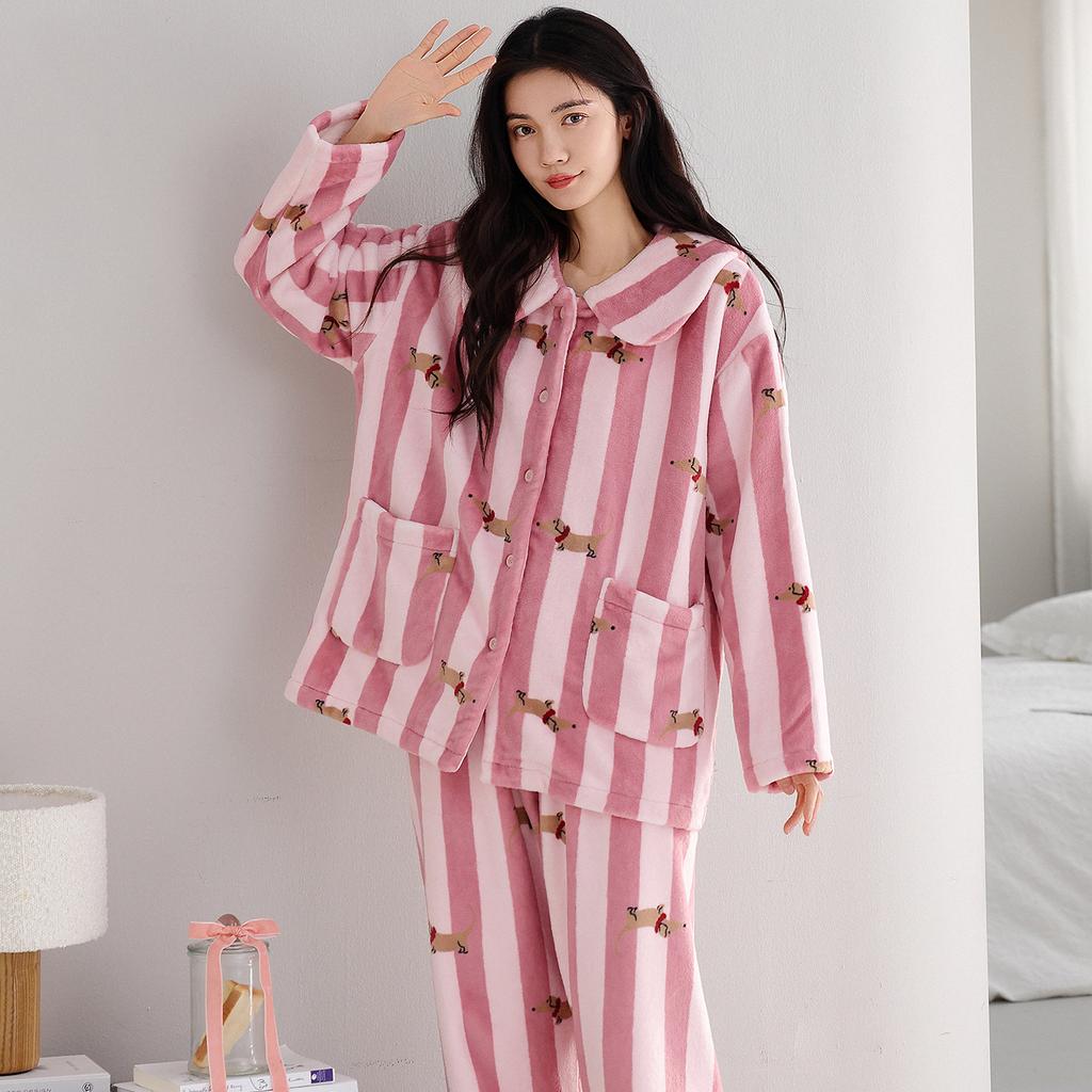 Pajamas Women'S Winter Coral Fleece Thickened Fleece Warm Homewear Autumn And Winter Suit