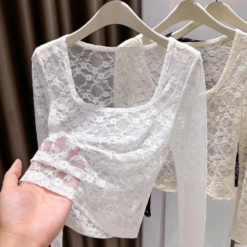 Ice Silk Mesh Sun Protection Blouse T-shirt for Women New Pure Lust Sexy Hottie Hollow Tulle Lace Top