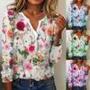 Eleganta kontorstoppar Dam Casual Växt Blommönster Skjorta Kvinna Vintage V-ringad Långärmad Blus Damkläder 25966