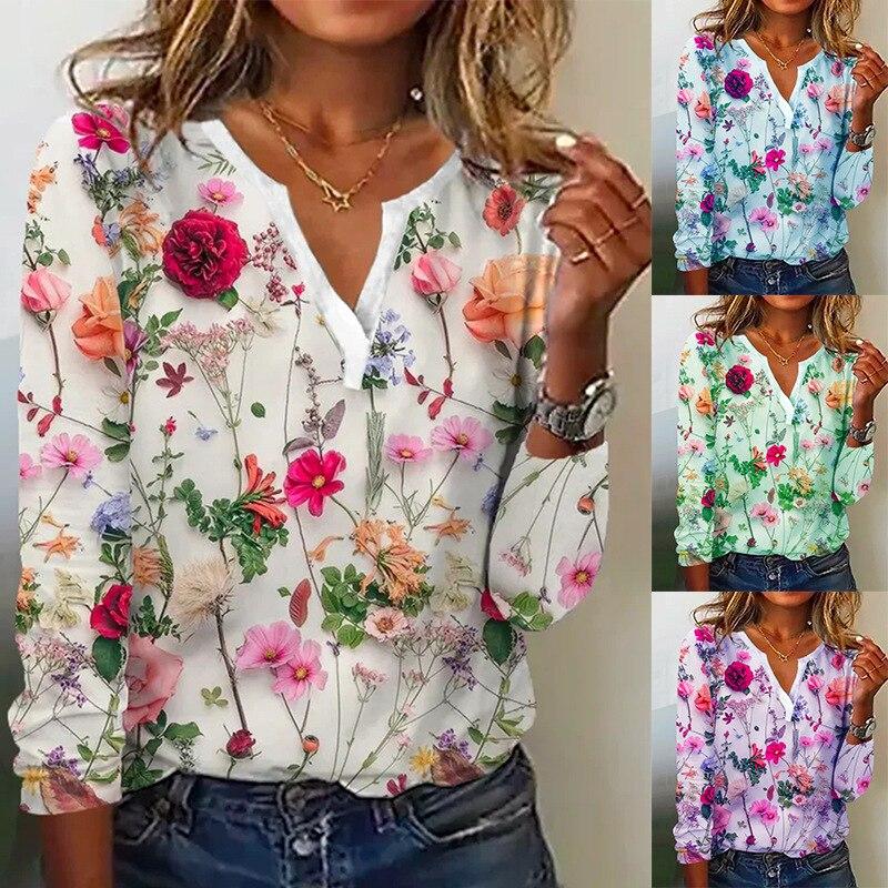 Eleganta kontorstoppar Dam Casual Växt Blommönster Skjorta Kvinna Vintage V-ringad Långärmad Blus Damkläder 25966