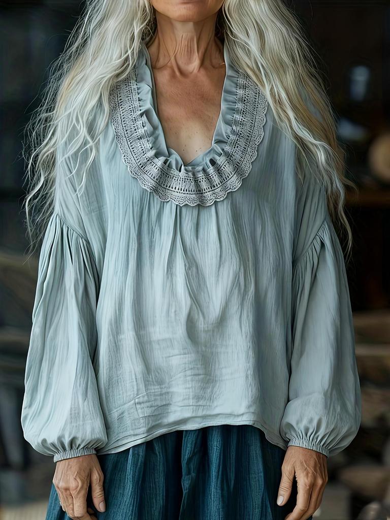 Retro Artistic Lace Patchwork Linen Blend Top with Loose Lantern Sleeves - Mori Style Casual Shirt