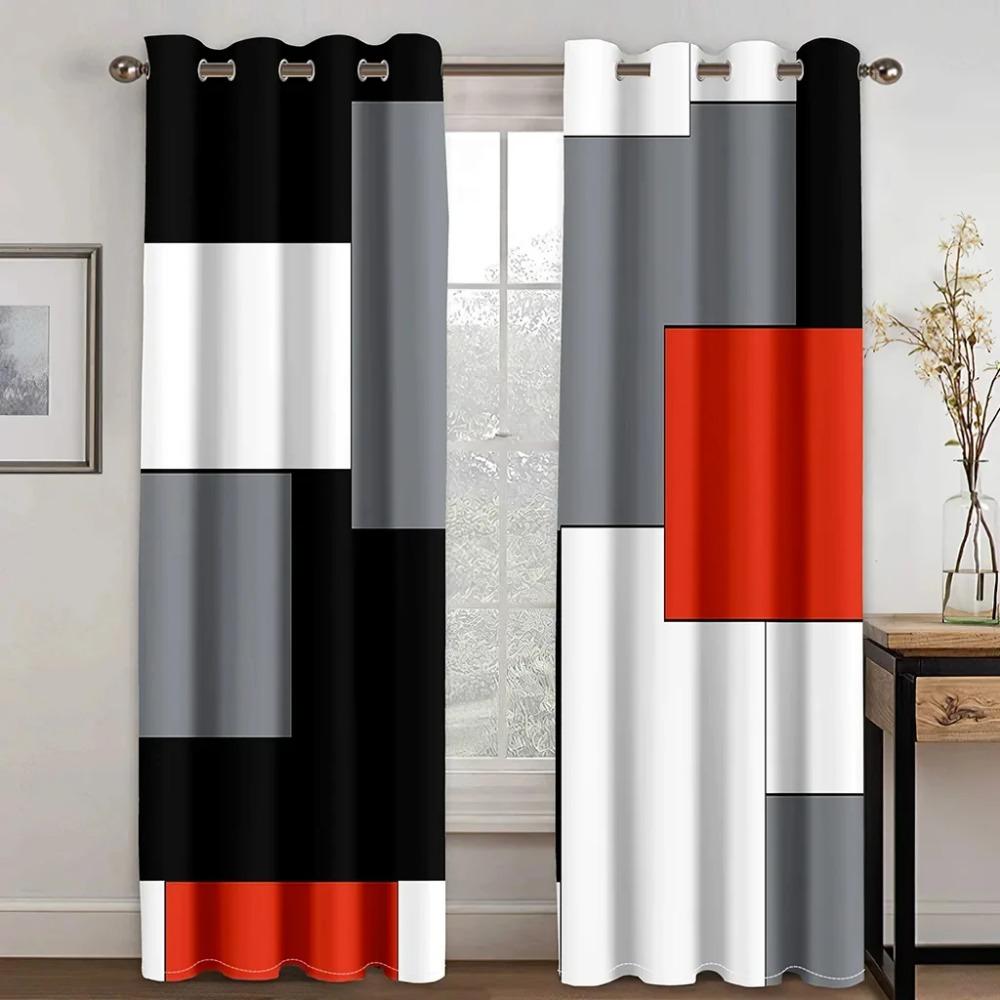 Cheap Red Black Abstract Geometric Shape Digital Printed Curtains Bedroom Kitchen Window Blinds Grommet Top Rod Pocket Hooks