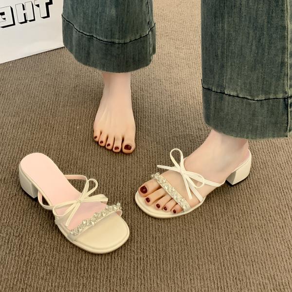 Fashion Med Square heel Slippers Casual Shoes Slipers Women Slides Butterfly-Knot Block Luxury 2025 Silver Butterfly-knot Slippers Casua