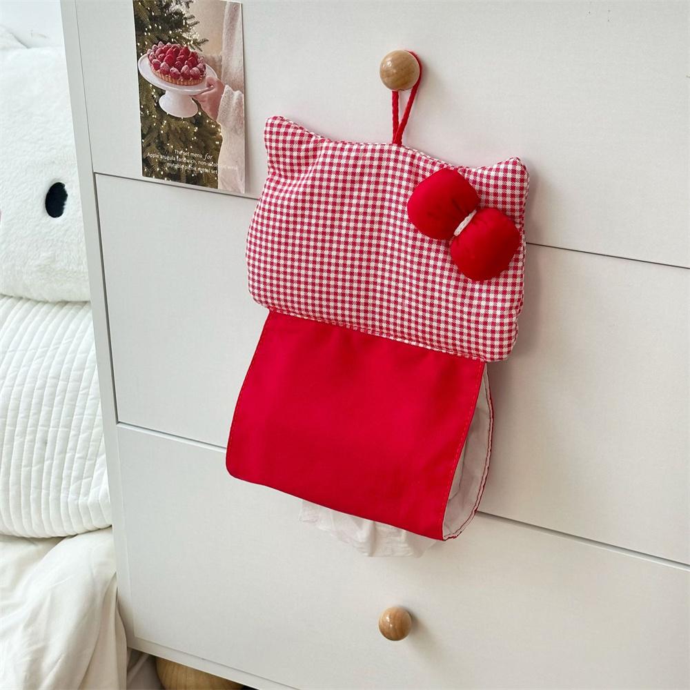 

Portable Hanging Tissue Case Red Plaid Fabric Bow Tissue Box Living Room Container Home Car Towel Napkin Papers Bag Home Decor