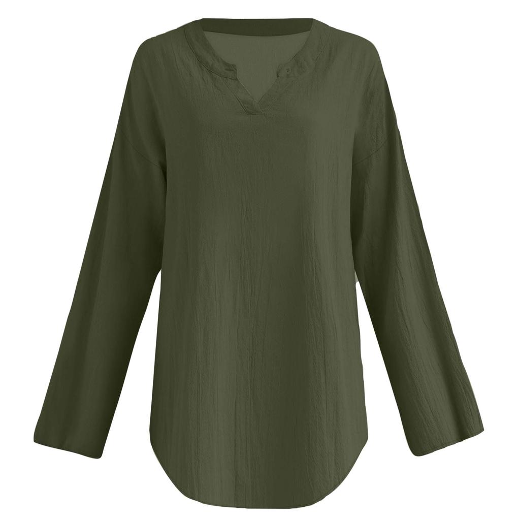 Women's Fashion Casual Solid Color Printed Drop Shoulder Long Sleeve V-Neck Women's Hemp Top