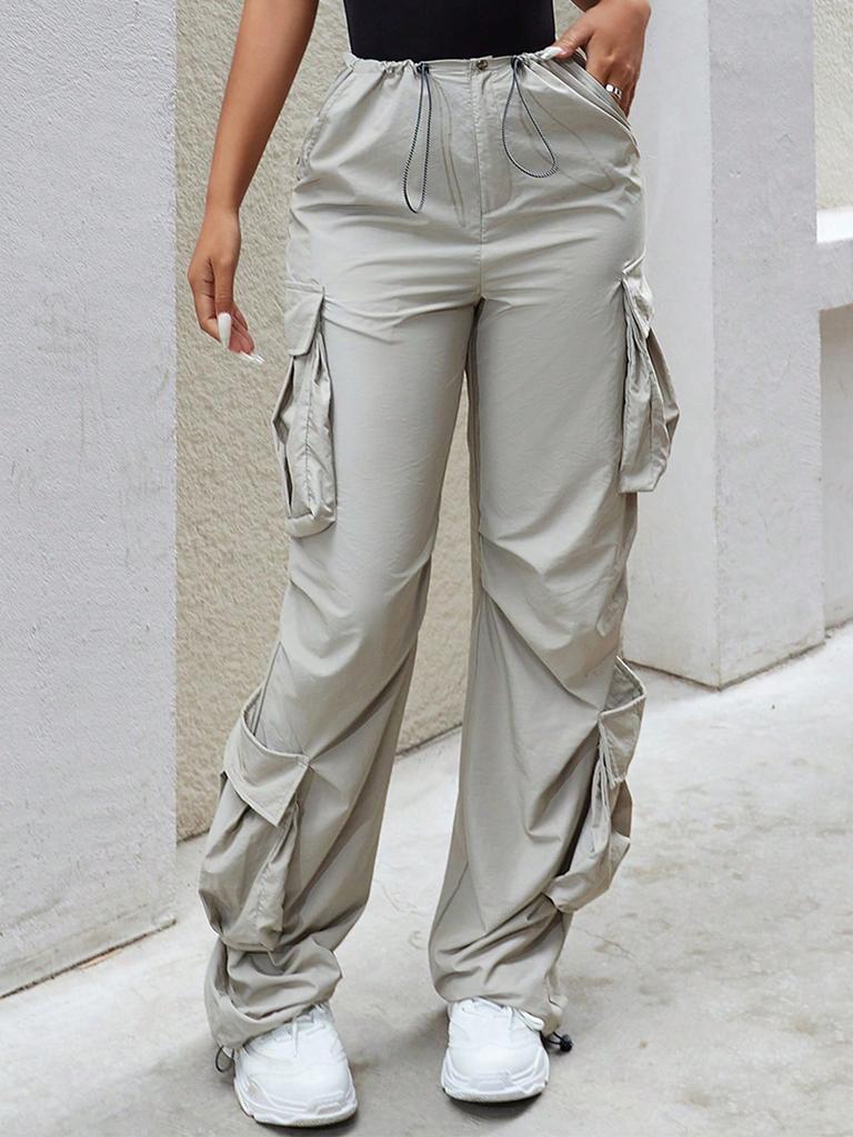 Rose Beauty A Flap Pockets Drawstring Ruched Cargo Parachute Pants