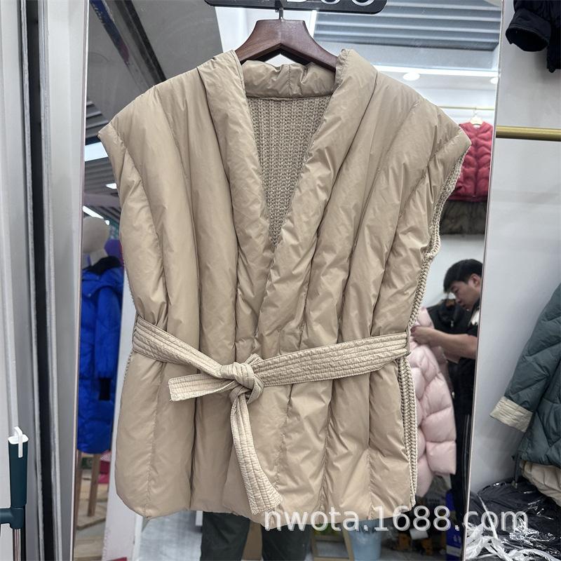 Magnet buckle waist down vest women's new back knitted white duck down vest fashion vest