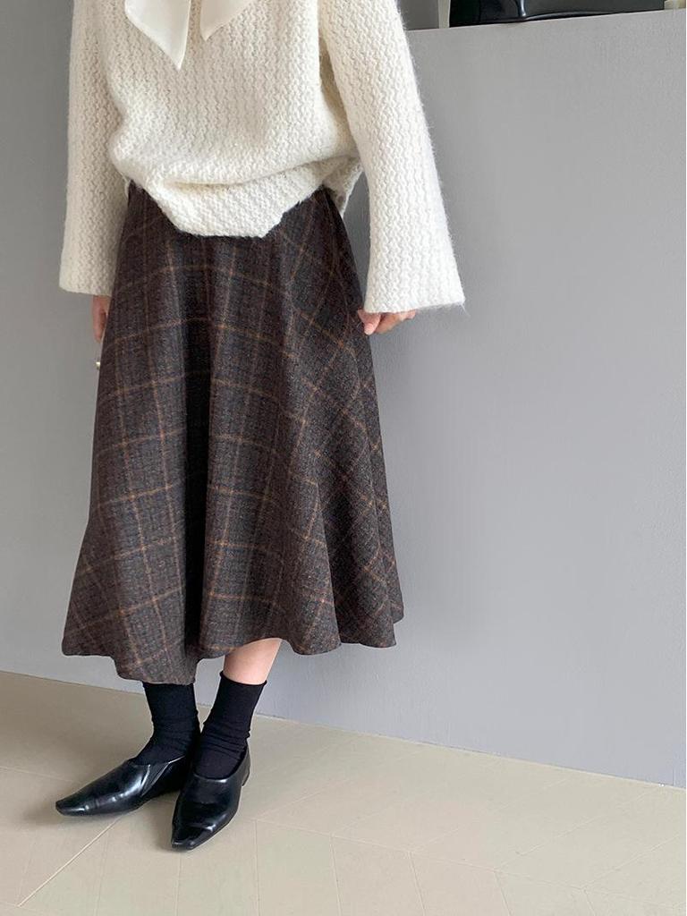 Jiangzuo 3D Cut Retro Wool Plaid Skirt 6167