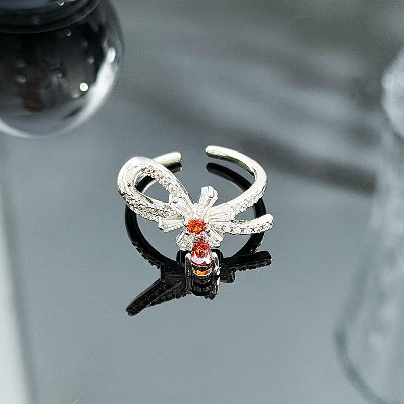Sweet And Cool Style Bow Full Of Diamonds, Zircon Ring, Open Finger, Women'S Fashion Index Finger Ring, Stacked With Niche Rings