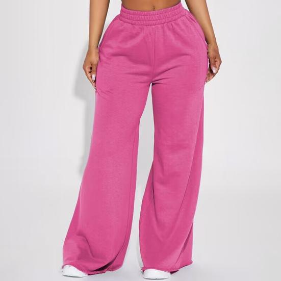 Women Casual Pants Solid Color Wide Leg Trousers with Pockets Elastic High Waist Hip Hop Style Long Pants