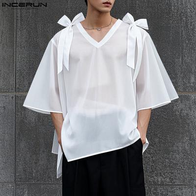 Herren 3/4 Glockenärmel Mesh Durchsichtig Locker Party Club Hemden Tops