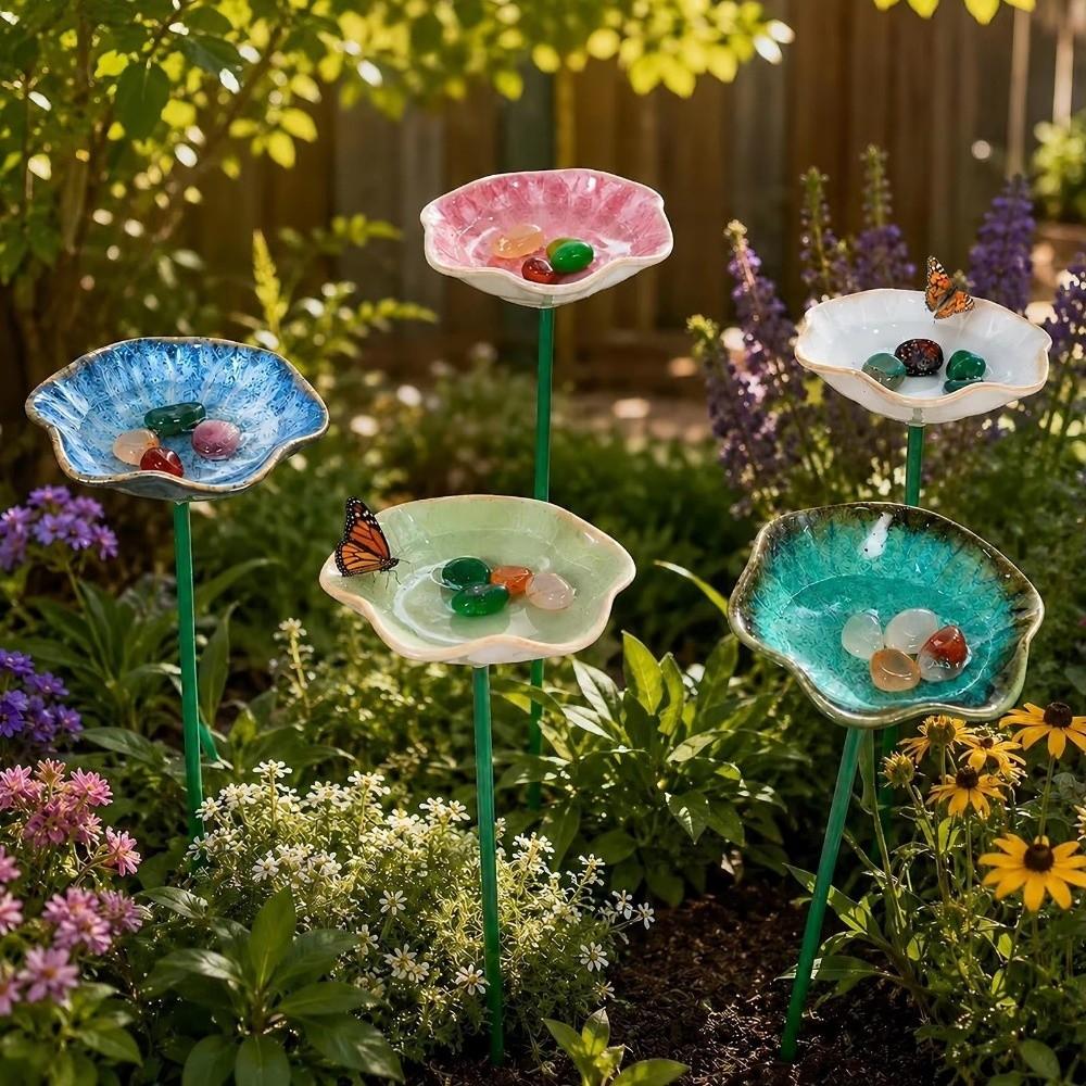 Watering Station Flower Garden Stake Ceramic Bird Feeder Tray Bee Butterfly Water Feeder Outdoor