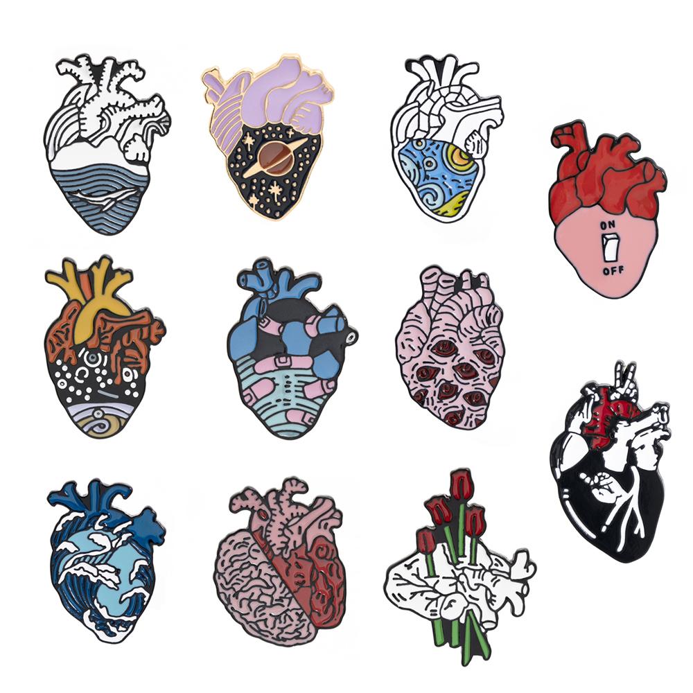 11 Styles Colorful Heart Shaped Enamel Brooches Funny Rose Space Ocean Eye Sea Wave Pattern Ticker Lapel Pins Heartbeat Badge
