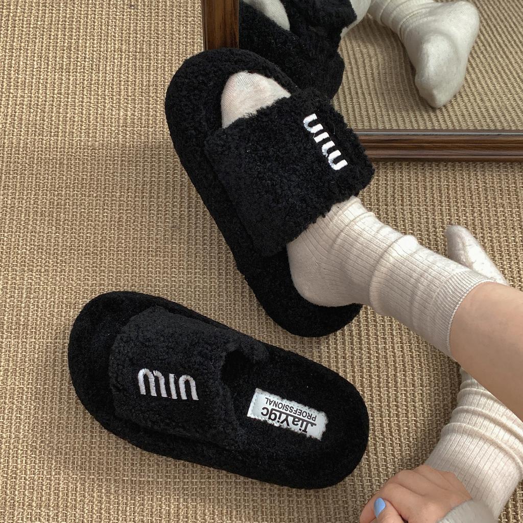 Black retro non-slip thick-soled fluffy slippers for women's outer wear 2025 new autumn and winter versatile soft-soled one-word drag shoes