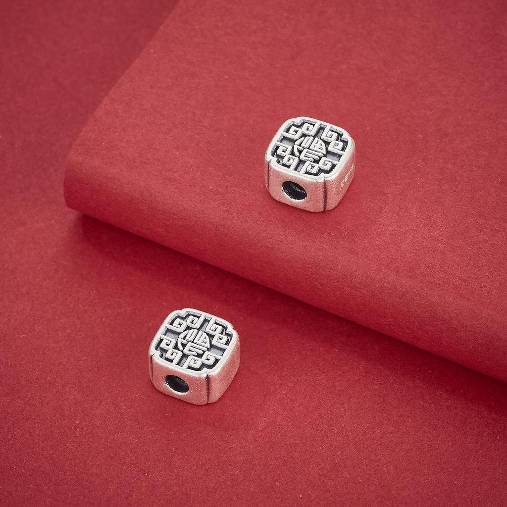 S999 Sterling Silver Retro Double-Sided Fu Spacer Bead for DIY Braided Rope Bracelet & Beaded Necklace Jewelry.
