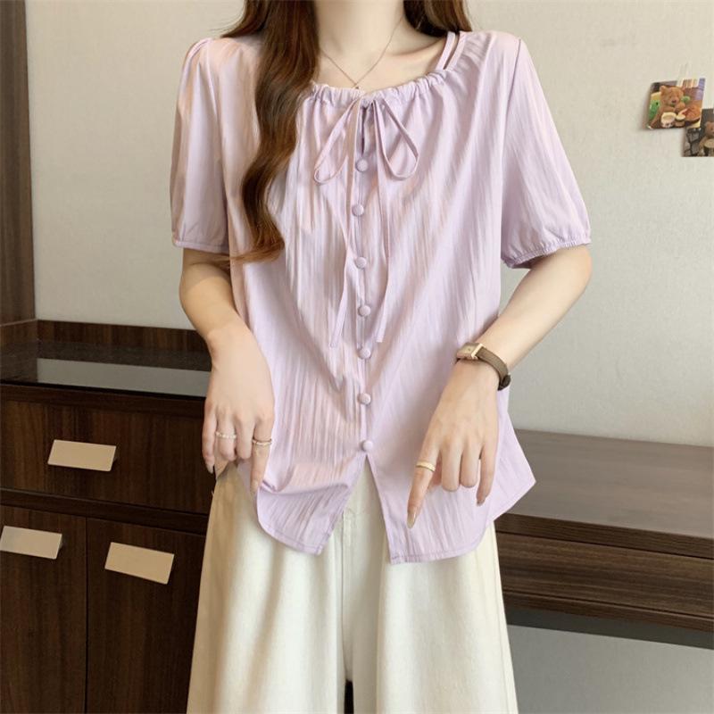 

Taro Purple Lace-Up Plus Size Women s Summer French Retro Round Neck Puff Sleeve Top 4XL світло-фіолетового кольору