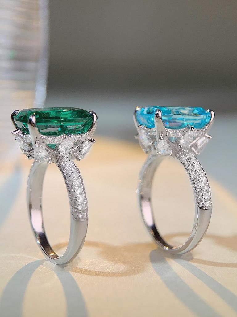 Jiu Mei S925 Sterling Silver Aquamarine Ring with 10 Carat High Carbon Diamond Zircon for Women.