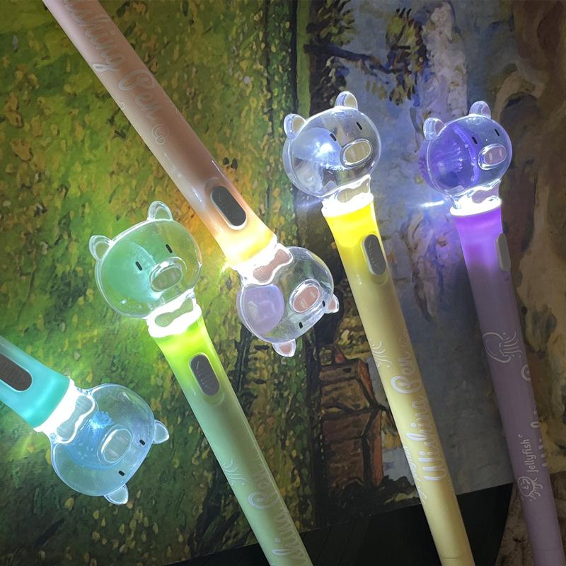 Luminous Jellyfish Light-Up Pen with Real Specimen - Cute Student Stationery Featuring Piggy and Bear Designs