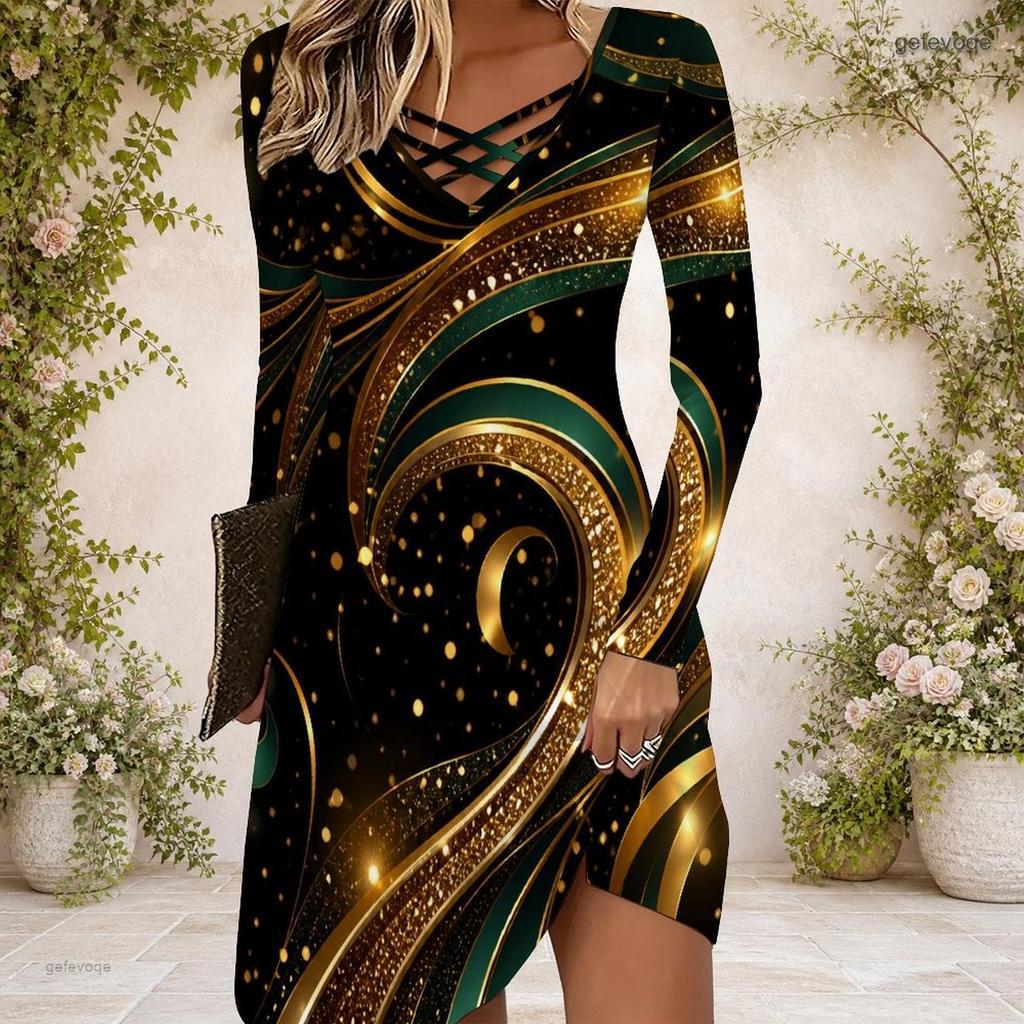 Women s Criss Cross V Neck Long Sleeve Printed Dress Black Blue Green Mandala Curved Hem