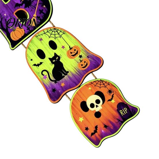 Vintage Wood Grain Wall Art Halloween Wooden BOO Hanging Sign, Creative Letter Pendants, Ghost Pumpkin Black Cat Festive Atmosphere Decoration