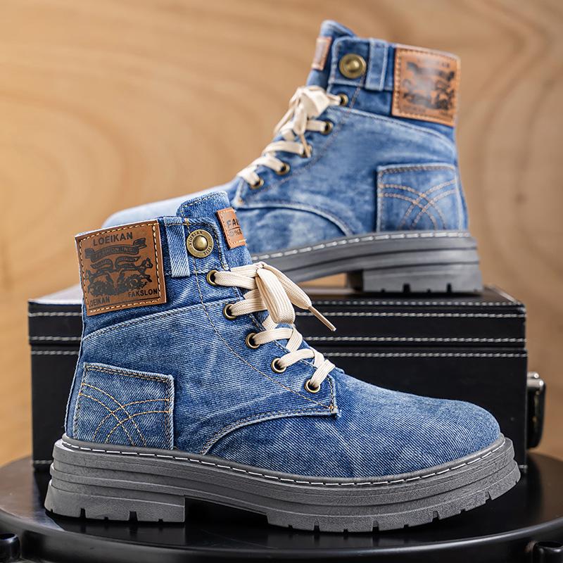 Men's high top Denim Boots Retro Canvas Boots for Men Trendy Working Shoes Male Ankle Boots Outdoor Street Style Platform Boots