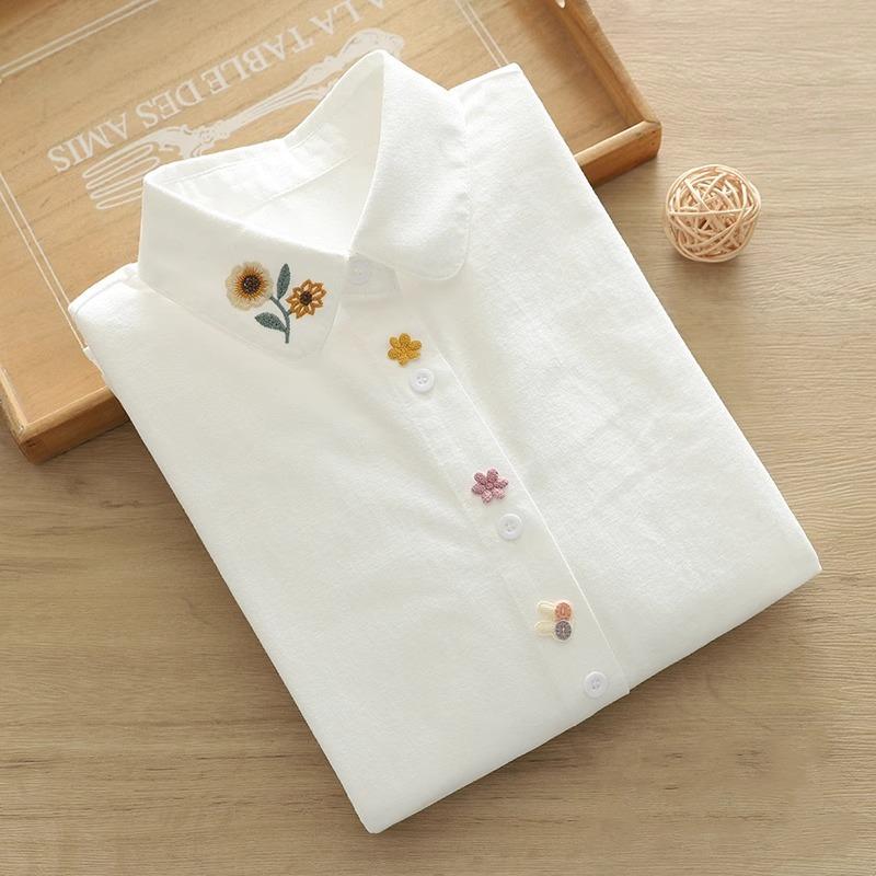 Spring Autumn White Shirts Women Turn Down Collar Embroidered Long Sleeve Casual Little Blue Flower