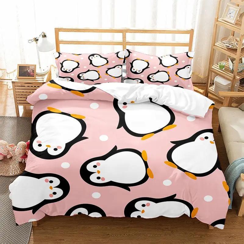 Cartoon Penguin Duvet Cover Set For Boys Girl Animated Antarctic Animal Polyester Quilt Cover White Black King Queen Size