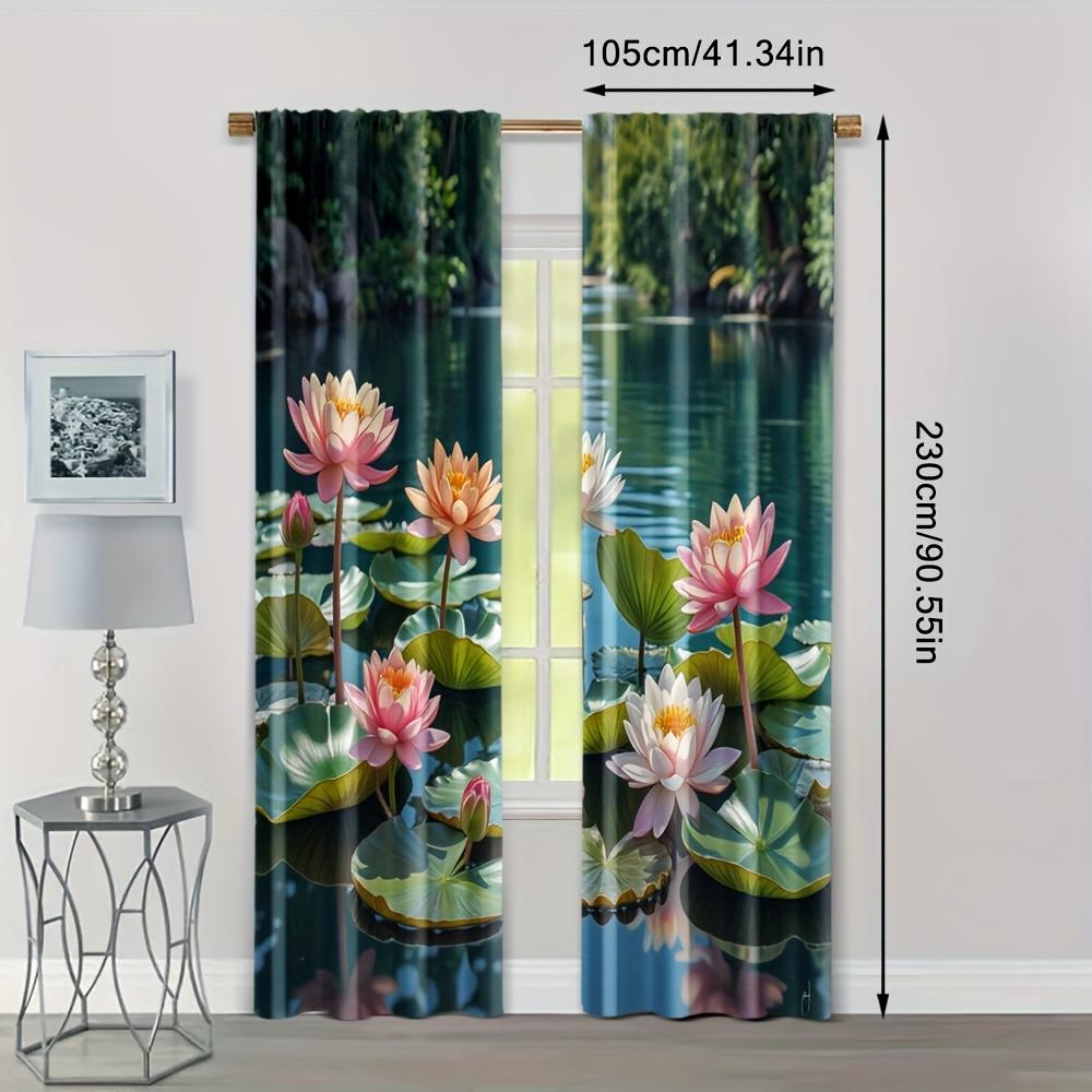 2pcs Lake View Curtains - Blackout Polyester Drapes with Serene Water and Lily Pad Design, Rod Pocket for Easy Hanging, Perfect