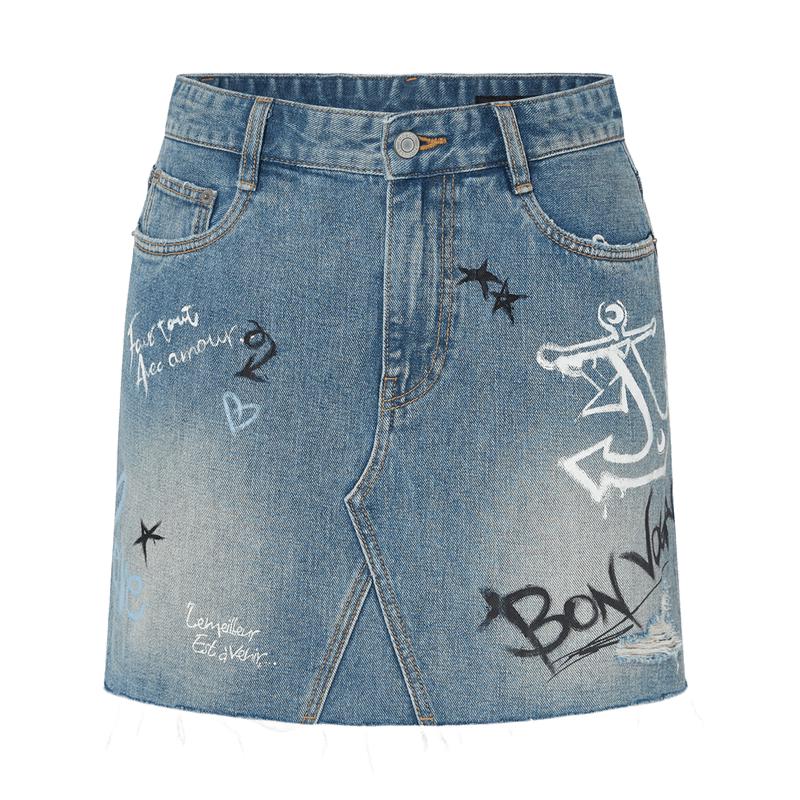 МО&Ко. Джинсовая юбка А-силуэта с высокой талией и эффектом потертости/граффити XS