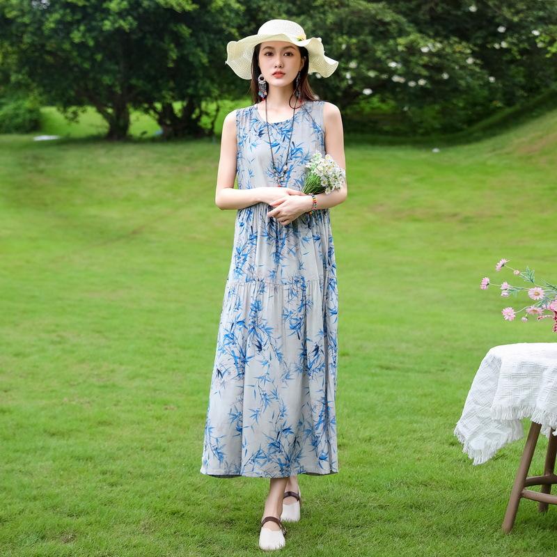 Summer  Women Plus Size Boho Dress Long Maxi Sundress Party Dress Elegant Vestidos Print O-neck High Waist Sleeveless
