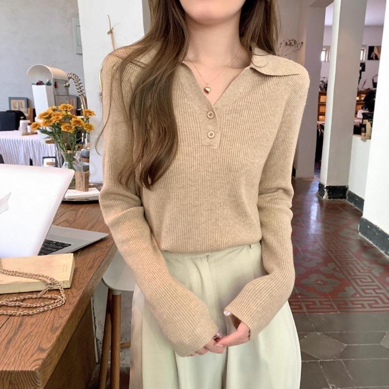 Autumn style polo collar long-sleeved knitted bottoming shirt women's spring and autumn new slim collar inner sweater