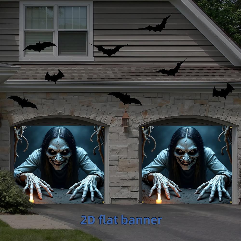 2D Flat Banner, 1pc Halloween Happy Garage Door Banner, Ghost with Long Hair Monsterzyc
