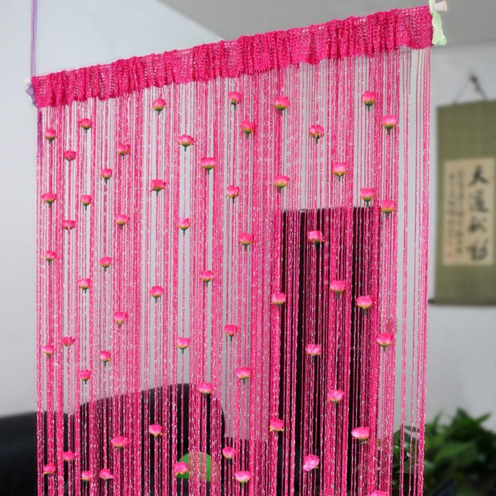 Window Treatment Shiny Rose Flower String Curtain Solid Color Room Divider Door Curtain 1*2M Tassel Window Curtain Home Decor