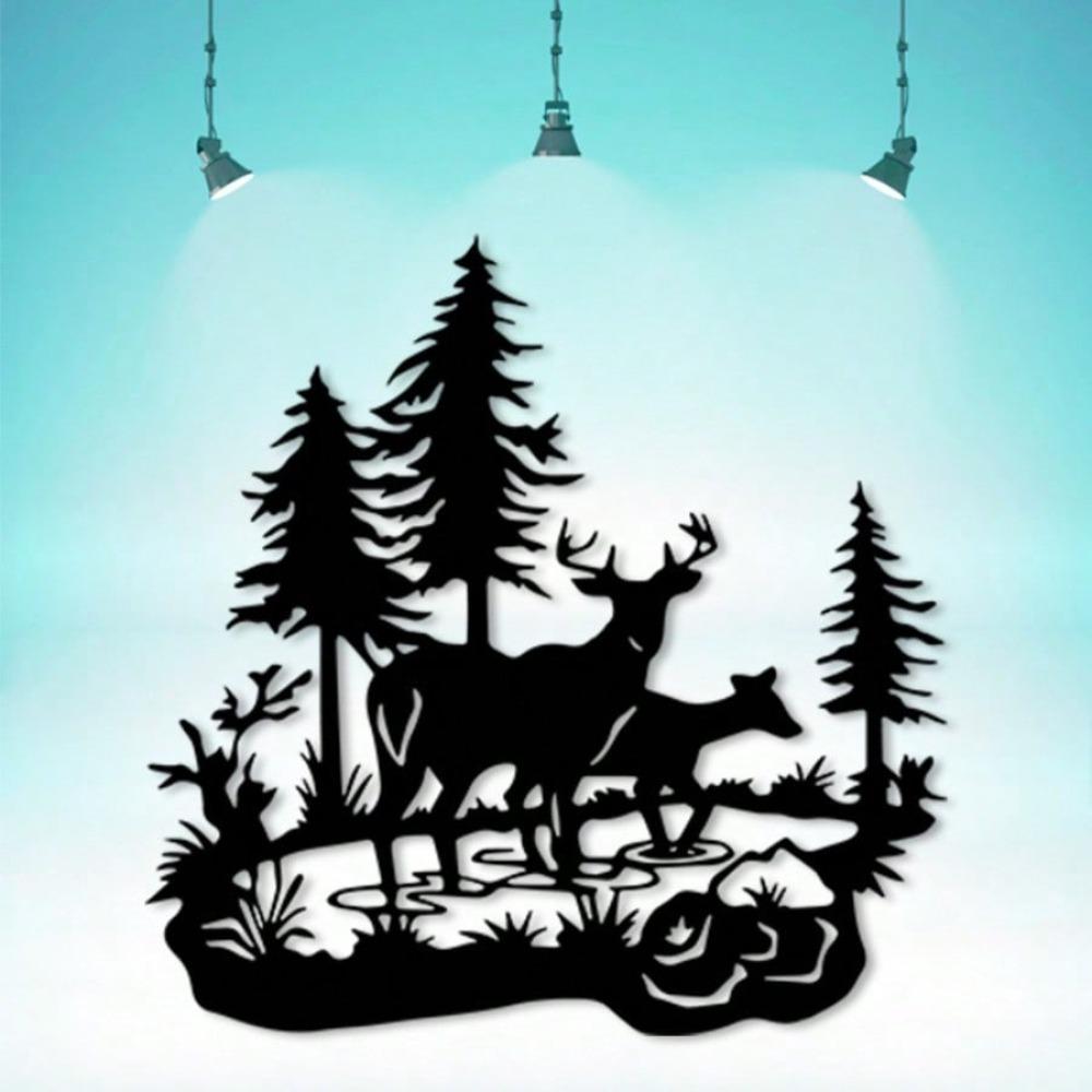 Antique Hunting Lodge Metal Wall Art Rust Resistant Steel Deer Forest Scene Christmas Home Decor Gift for Hunters
