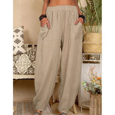 Women's Summer White Pocket Cotton Linen Pants Vintage Elastic Waist Solid Loose Casual Trousers